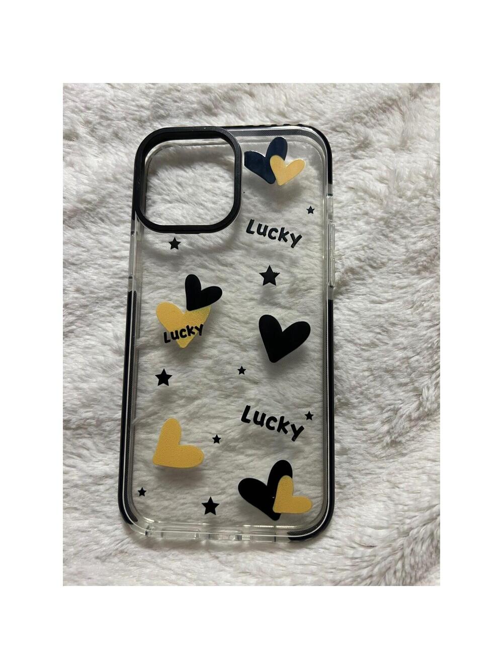 iPhone 13 Pro Max Case Black Yellow Hearts Stars Lucky Design Protective Cover